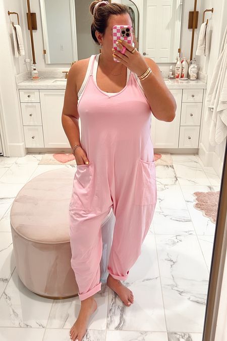 curvy comfy cozy lounge look! wearing size large in cropped white tank top and size medium in pink jumpsuit! it runs big, so size down 

#LTKcurves #LTKSeasonal #LTKunder100