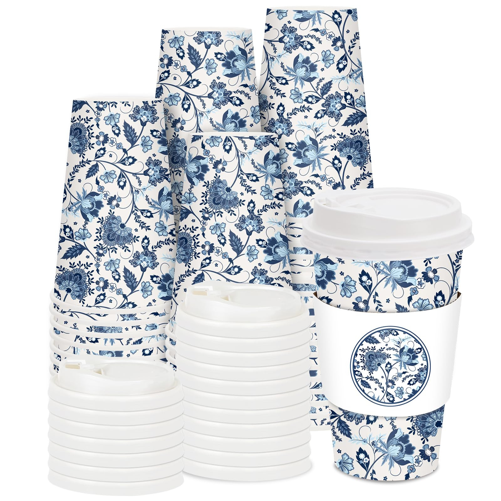 50 Sets Blue Floral Coffee Cups with Lids and Sleeves 16oz Vintage Flower Paper Cups Retro Dispos... | Amazon (US)