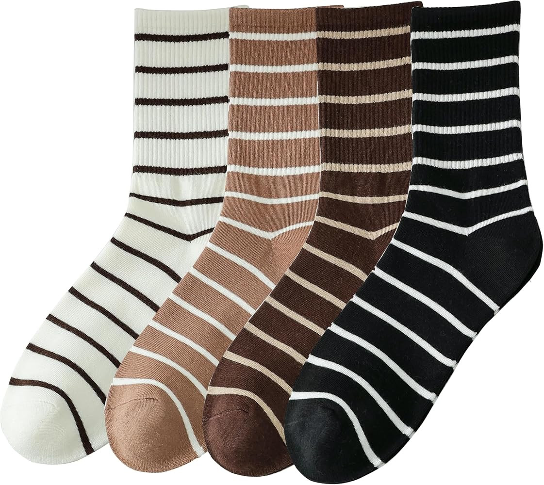 Striped Crew Socks for Women, Crew Cotton cozy casual Socks 4 Pairs in size 5-8 | Amazon (US)