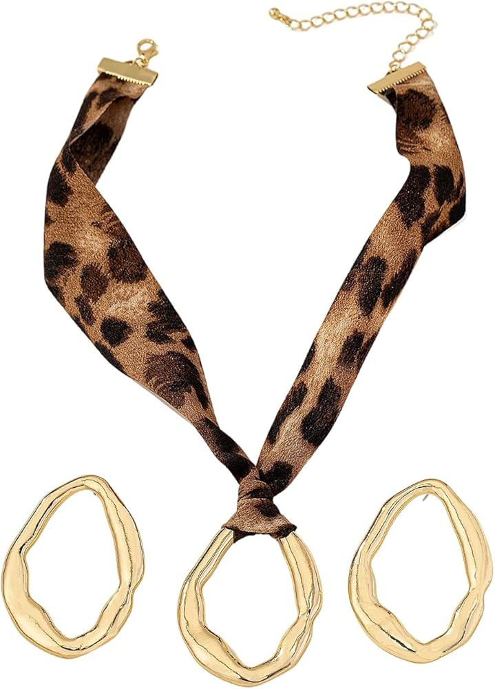 MakeMeChic Women's 3 Piece Jewelry Set Leopard Print Necklace Metal Dangle Earrings Jewelry | Amazon (US)