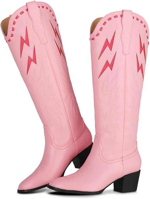 Pink Cowboy Boots for Women Almond Round Toe Chunky Mid Heel Knee High Boots Pull On Embroidered ... | Amazon (US)