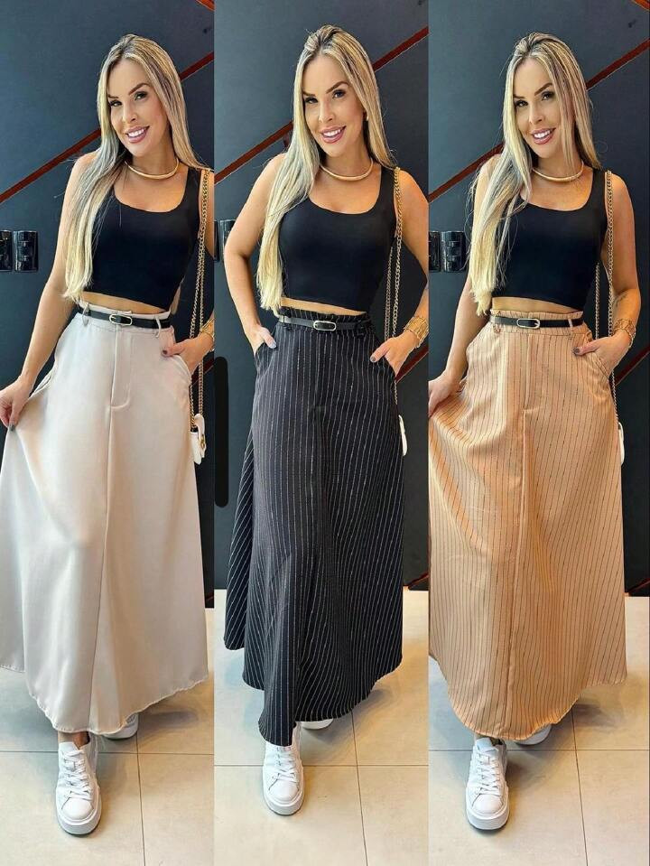 Saia Longa Feminina Alfaiataria Com Cinto Moda Verão | SHEIN