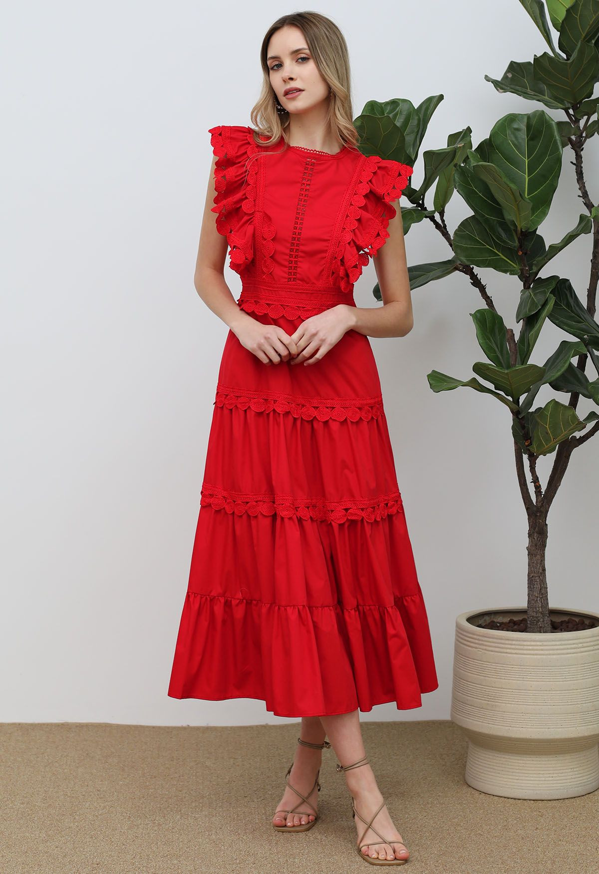 Crochet Trim Sleeveless Midi Dress in Red | Chicwish