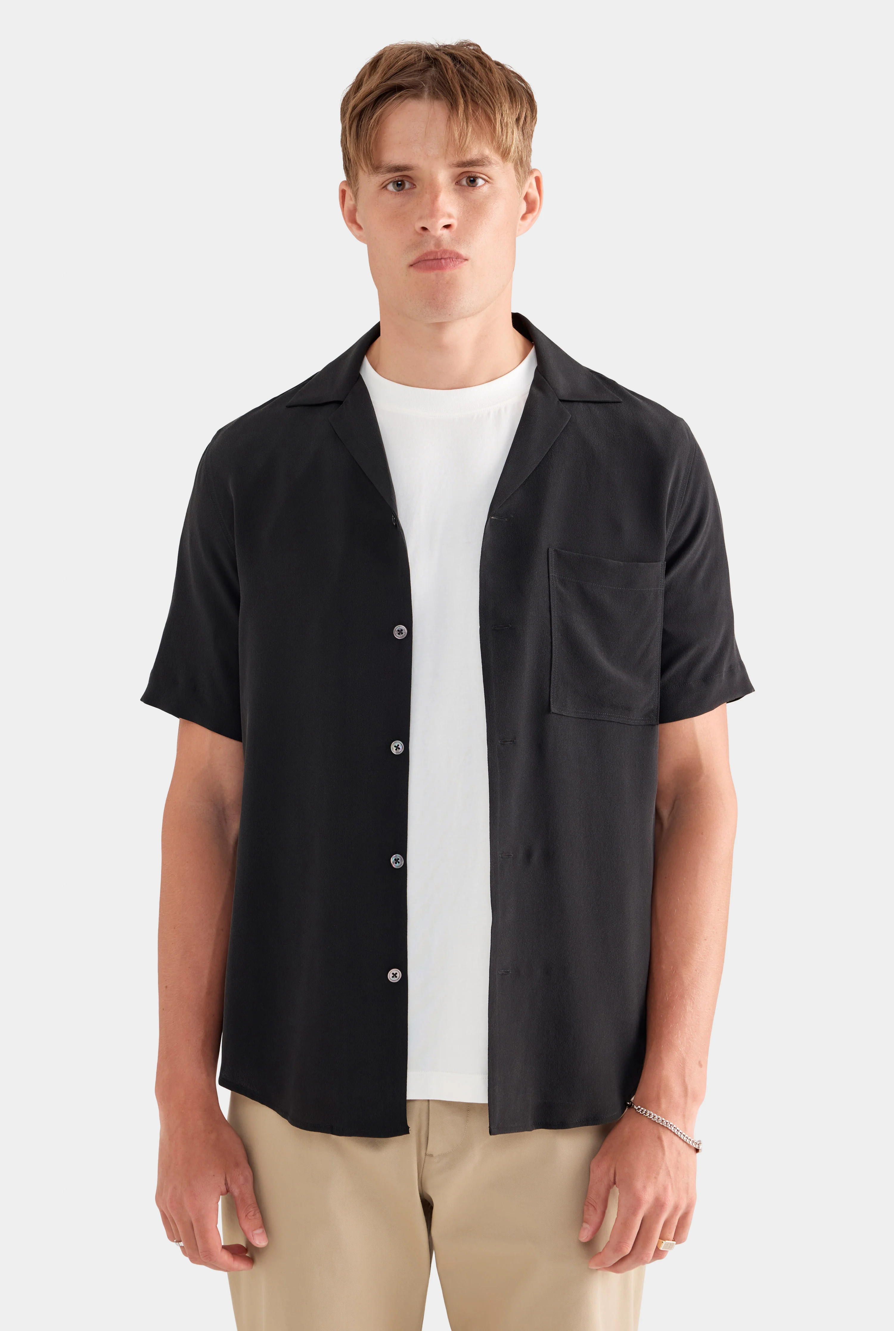 Short Sleeve Silk Camp Collar in Black | Venroy | Venroy AU