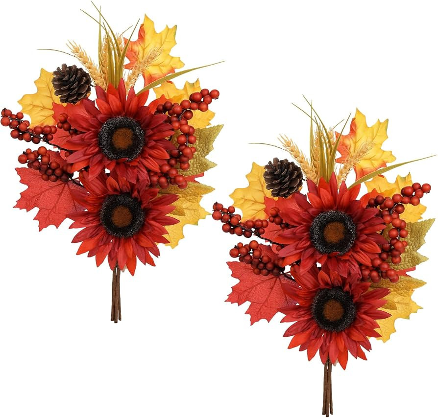 Briful Set of 2 16in Fall Burgundy Sunflower Picks and Sprays with Pinecones Berries Maple Leaves... | Amazon (US)
