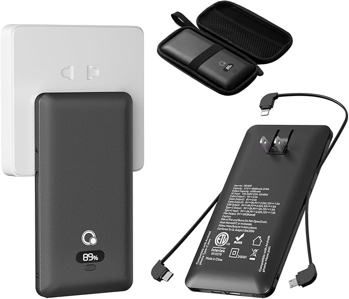 10000mAh Portable Charger with Built-in Cables and AC Wall Plug, USB C Fast Charging Power Bank w... | Amazon (US)