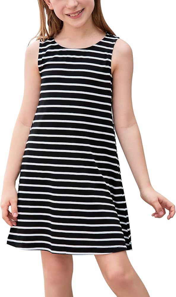 GORLYA Girl's Summer Casual Loose Tank Swing Midi Cute Shift Dress with Pockets for 4-14T Kids | Amazon (US)
