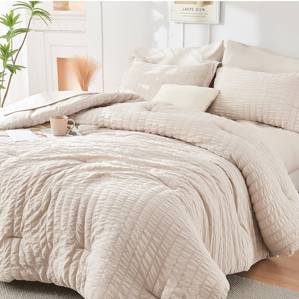 HYMOKEGE Beige Full Size Comforter Sets Seersucker 7 Pieces, All Season Luxury Bed in a Bag for B... | Amazon (US)