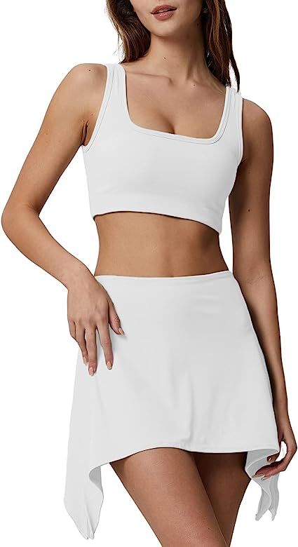 QINSEN Women's Two Pieces Active Dress Sports Bra Tank Top Built in Shorts Mini Skirt Active Dres... | Amazon (US)