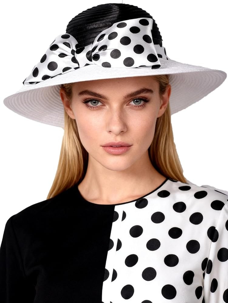 Women Wide Brim Rose Black Patchwork Kentucky Hat for Wedding Party Hat Big Bowknot Polka Dots Fe... | Amazon (US)