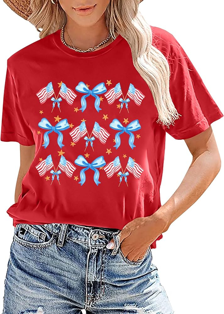 American Flag Shirt Women: 4th of July Shirts Coquette Bow Graphic Tees Patriotic T-Shirt Short S... | Amazon (US)