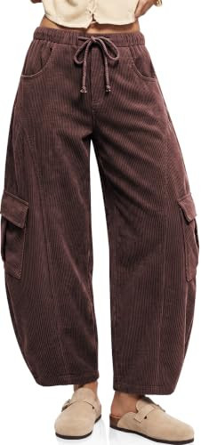 TARSE Womens Corduroy Cargo Wide Leg Barrel Pants Dark Coffee | Amazon (US)