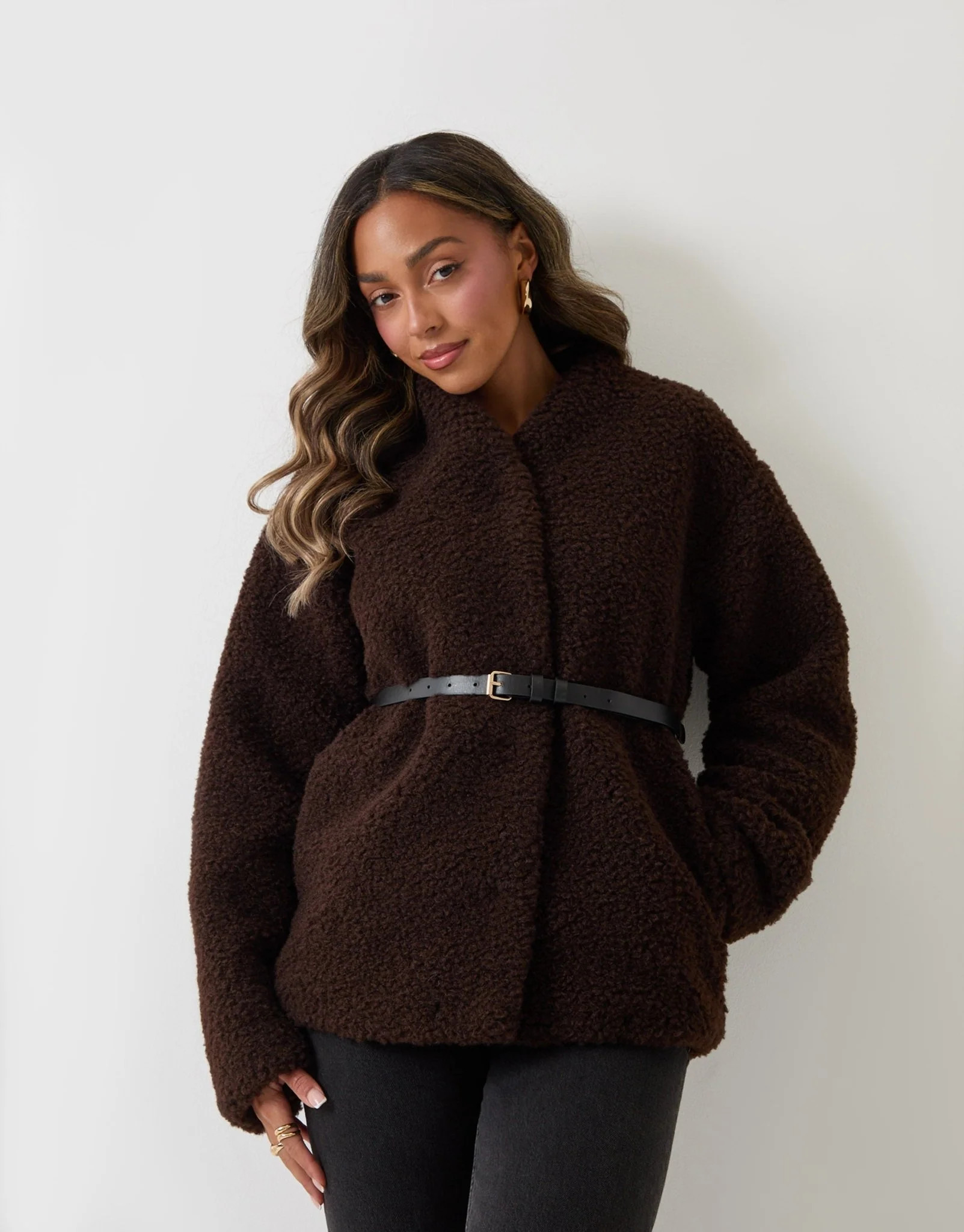 Threadbare Borg Belted Wrap Jacket in Chocolate Brown | Threadbare UK