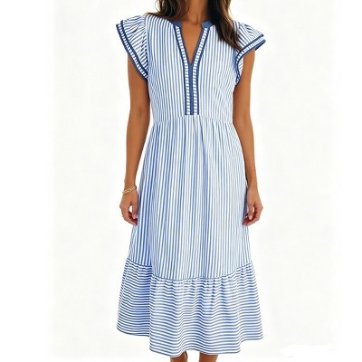 Women Striped Midi Dress Split V Neck Ruffle Cap Sleeve Tiered Loose Casual Summer Swing Dress,BLUE,L | Target