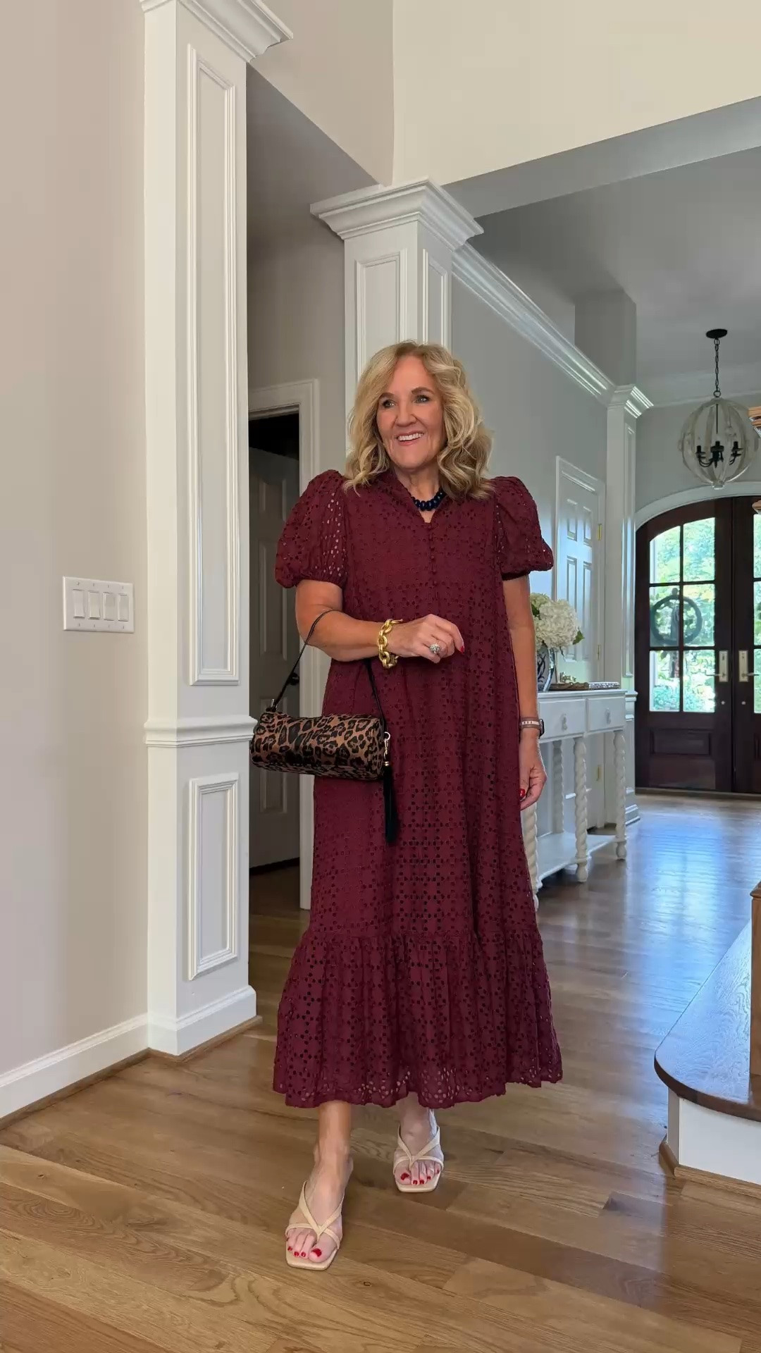 A beautiful burgundy midi dress makes getting dressed for fall feel effortless. The subtle eyelet texture, puff sleeves, and tiered hem give it a feminine, flattering shape, while the leopard bag adds a playful touch and nude sandals keep the look light and polished. It’s an easy choice for lunch, dinner, church, or a special occasion.

💡 LTK MADE EASY
❤️ Heart = Support my posts!
🔖 Save = Get sale & restock alerts
📋 Lists = Keep favorites organized
📲 Share = Send lists and products to a friend. Hello, Christmas List!
💬 Comment = Ask me anything about what I'm wearing.:-)

#LTKootd #LTKWedding #LTKOver40