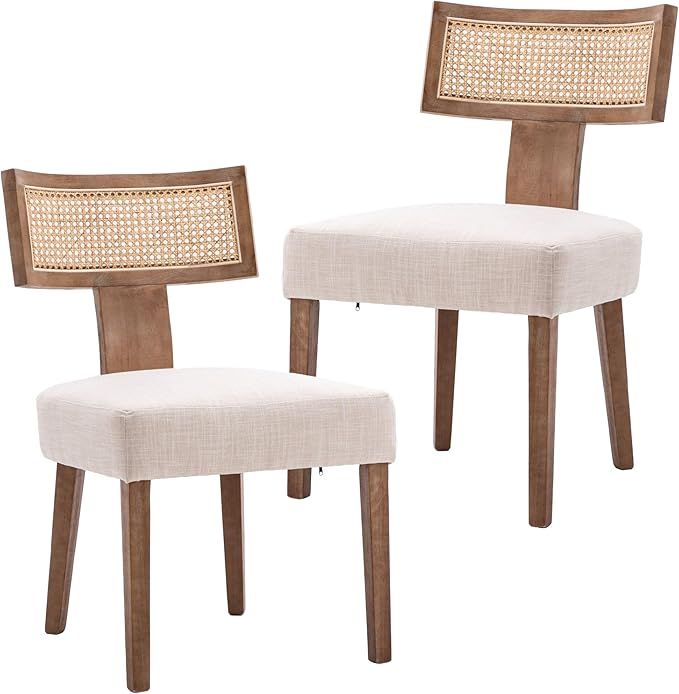 Rattan Dining Chairs Set of 2 Mid Century Modern Farmhouse Linen Upholstered Kitchen Dining Room ... | Amazon (US)