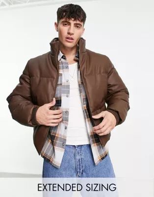 ASOS DESIGN cropped faux leather puffer jacket in brown | ASOS (Global)