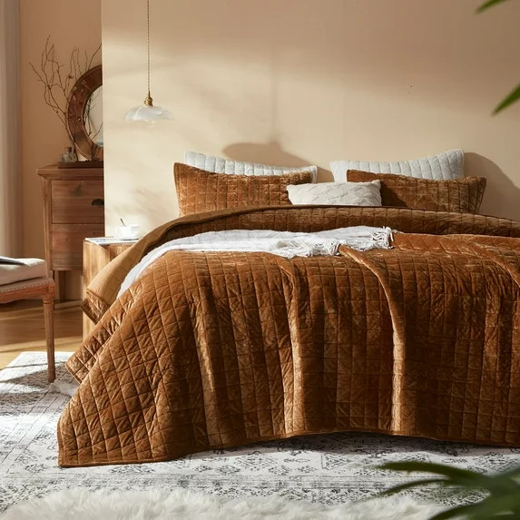 Velvet Quilt California King-118''x106'', Lightweight Caramel/Brown Velvet Comforter Set with 2 P... | Walmart (US)