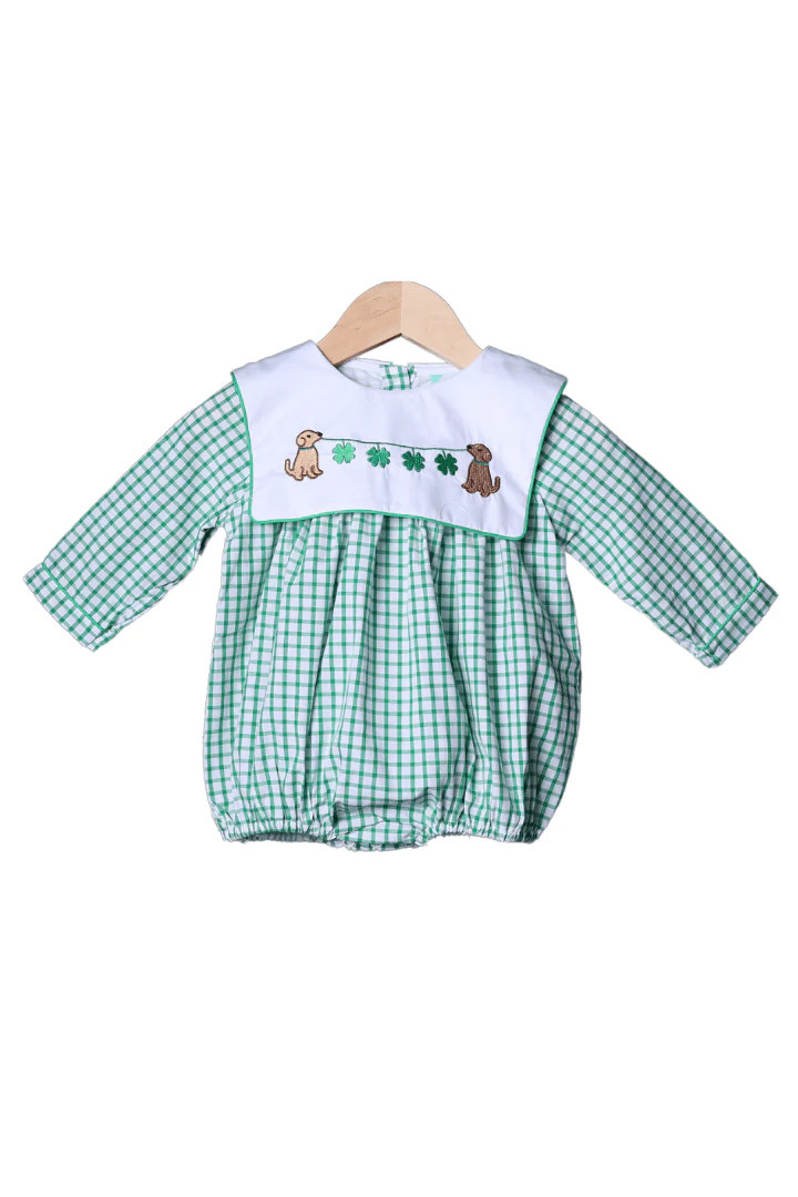 Lucky Pup Embroidered Green Windowpane Bib Bubble | The Smocked Flamingo