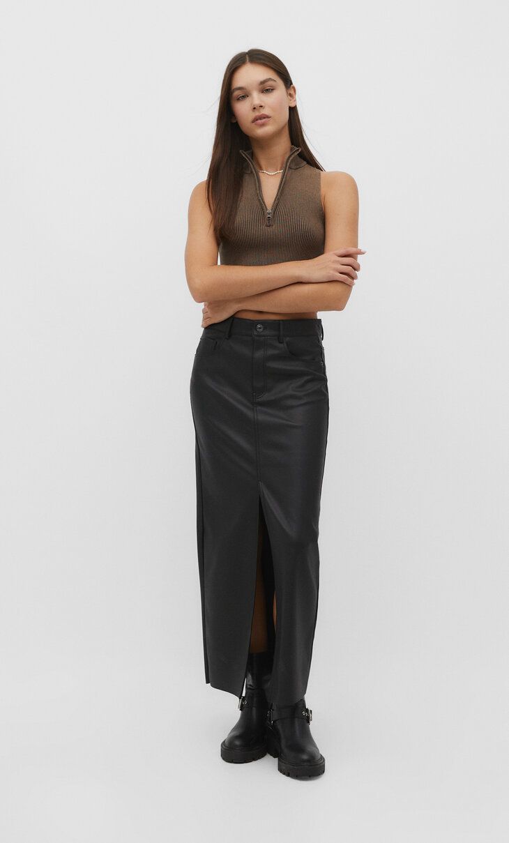 Long leather effect skirt - Women's fashion | Stradivarius United Kingdom | Stradivarius (UK)