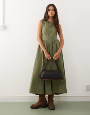 Reclaimed Vintage tie back denim midi dress in washed olive green | ASOS (Global)