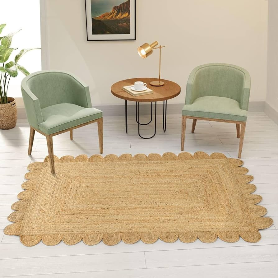 GRUHUM Scalloped Jute Runner Rug 2'6"x4'ft Natural Fibre Rectangular Boho Reversible Handwoven So... | Amazon (US)