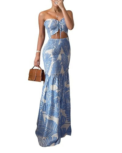 CHICME Floral Printed Prom Dress Drawstring Ruched Shirred Bandeau Party Dress Slim Fit Ruffle Hem Wedding Guest Dresses Blue-S | Amazon (US)