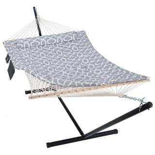 SUNCREAT 10 ft. x 12 ft. Quilted Rope Hammock and 12 ft. Steel Stand with Detachable Pillow, Grey | The Home Depot
