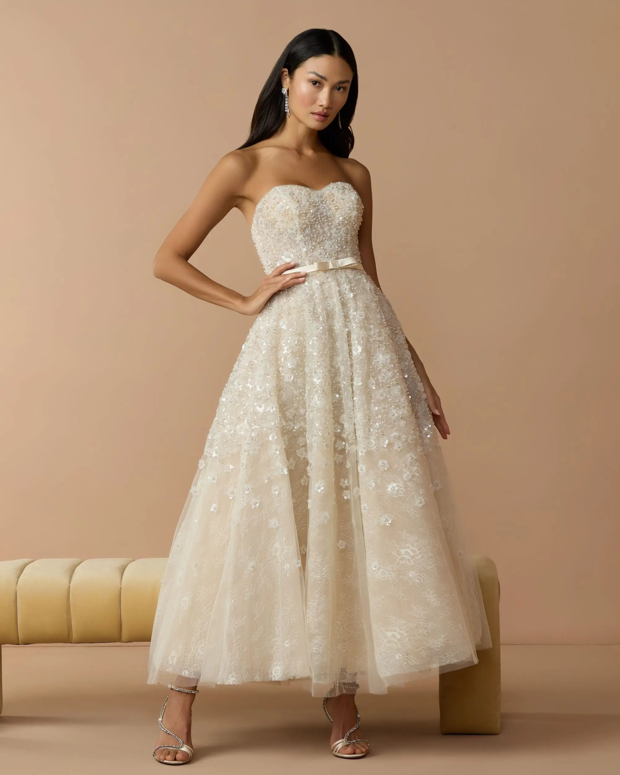 Ivory Strapless Embellished Lace A-Line Midi Dress | Mac Duggal | Mac Duggal