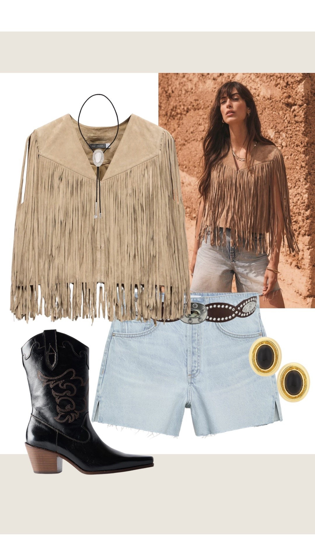 Western Festival Style- Fringe jacket, denim shorts, cowboy boots, belt. Festival outfit, summer.

#LTKfestival #LTKstyletip #LTKeurope