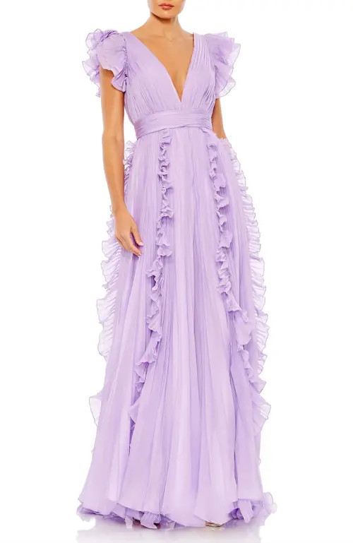 Mac Duggal Pleated Ruffle Cap Sleeve Flowy A Line Gown in Lilac at Nordstrom, Size 16 | Nordstrom