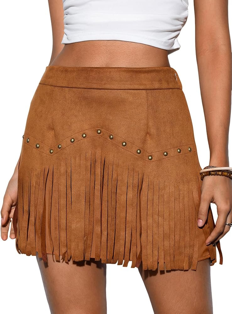 SweatyRocks Women's Faux Suede Fringe Skirt High Waisted Tassel Mini Cowgirl Skirts | Amazon (US)