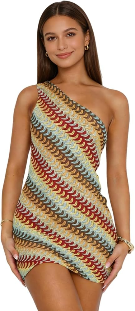 ZGMYC Women\u2018s Sexy One Shoulder Mini Dress Striped Crochet Vacation Dress Sleeveless Bodycon... | Amazon (US)