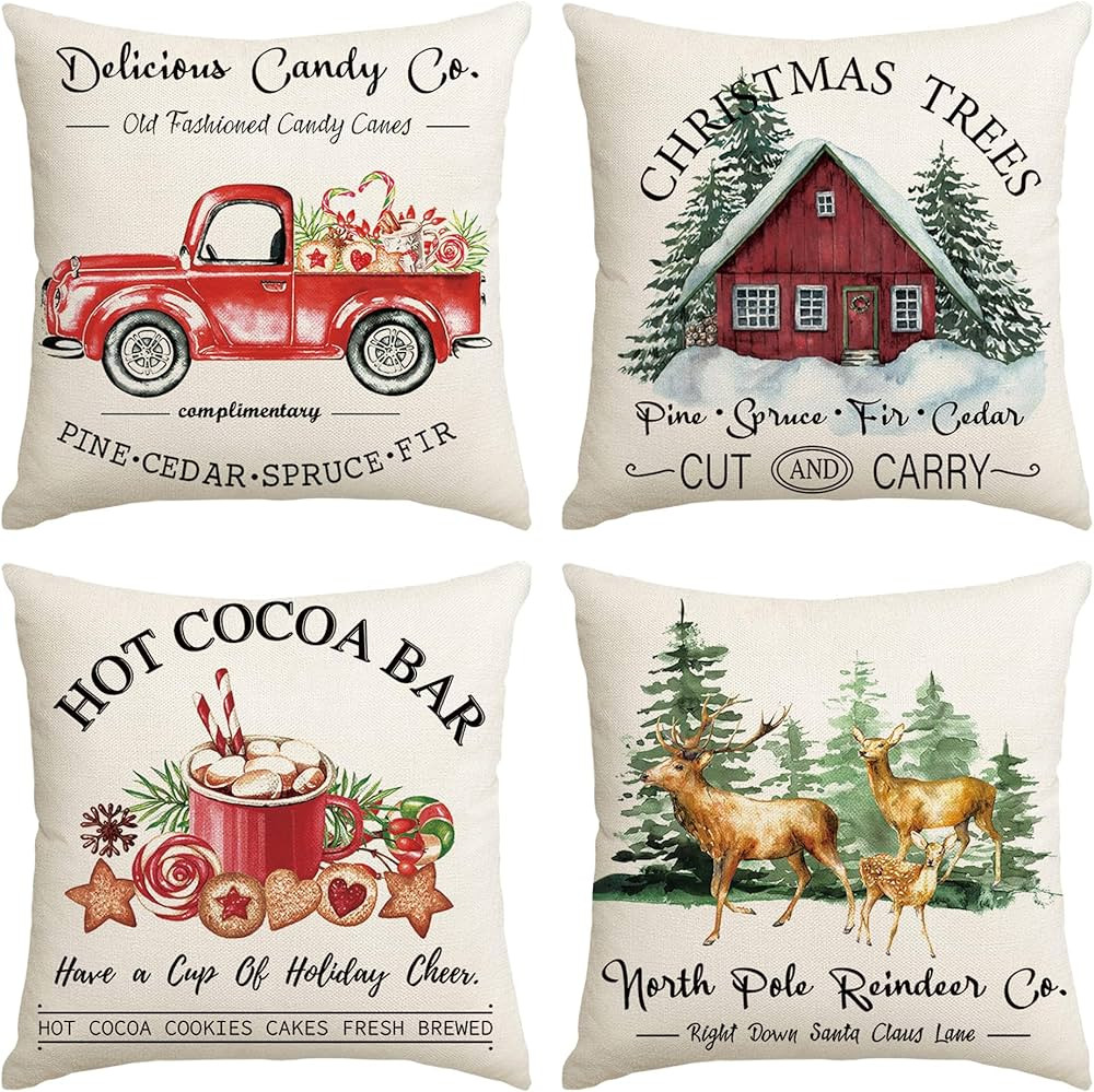 Christmas Pillow Covers 18x18 Set of 4 Winter Rustic Throw Pillows Cases Truck Deer Farmhouse Cus... | Amazon (US)