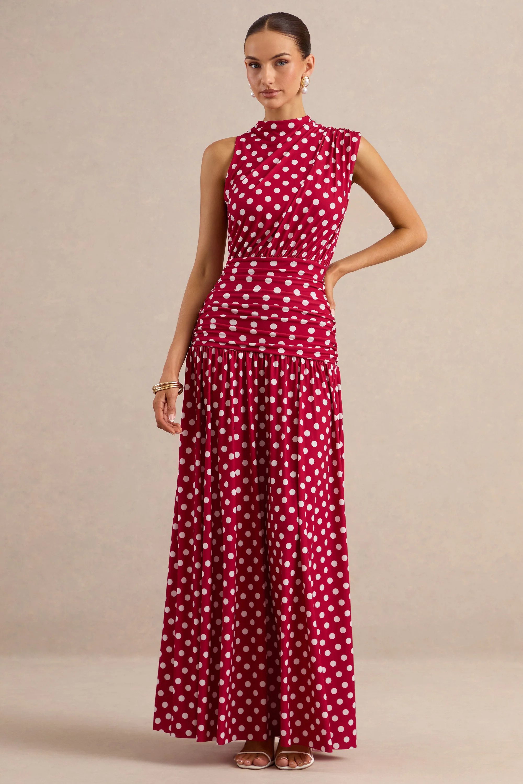 Kelis | Red Polka-Dot High-Neck Maxi Dress With Draped Detailing | Club L London