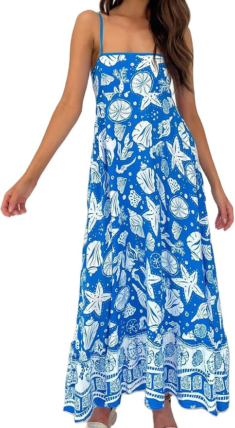 UAURORAO Women Boho Maxi Dress Spaghetti Strap Ethnic Graphic Flowy Long Dress Empire Waist Beach... | Amazon (US)