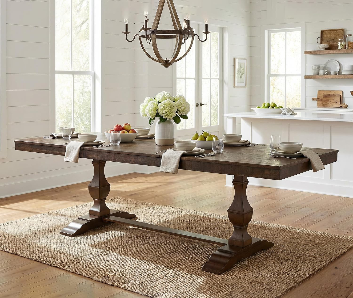 WAMPAT 74.8-inch Long Vintage Farmhouse Dining Table for 6-8 People,Sturdy Wooden Frame,Weathered Textured Tabletop,Solid Wood Double Pedestal Legs with T-Shaped Feet,Non-Extendable,Dark Walnut Brown | Amazon (US)