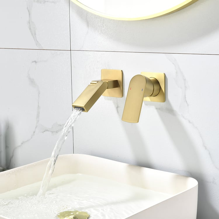 Brushed Gold Waterfall Bathroom Sink Faucet with Swirling Spout Wall-Mounted Solid Brass | Homary