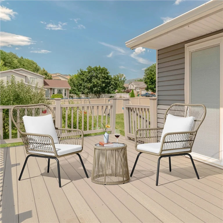 SMILE MART Outdoor 3-piece Synthetic Wicker Patio Set with Cushions, Tan | Walmart (US)