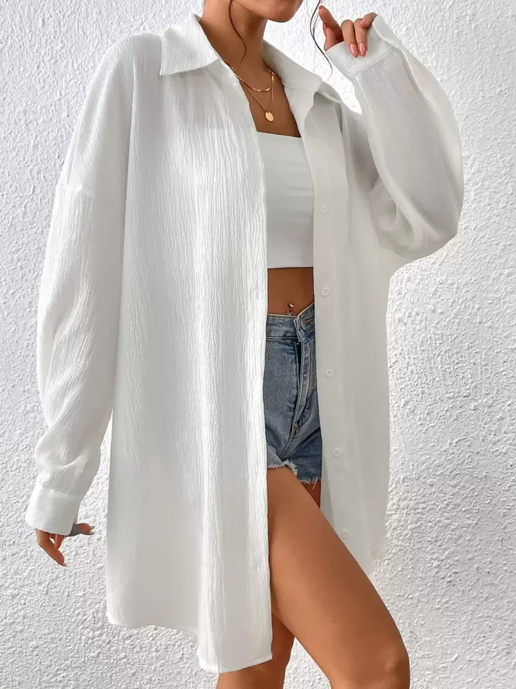 SHEIN EZwear Spring And Summer Shirts White Casual Drop Shoulder Button Front Beach Shirt | SHEIN