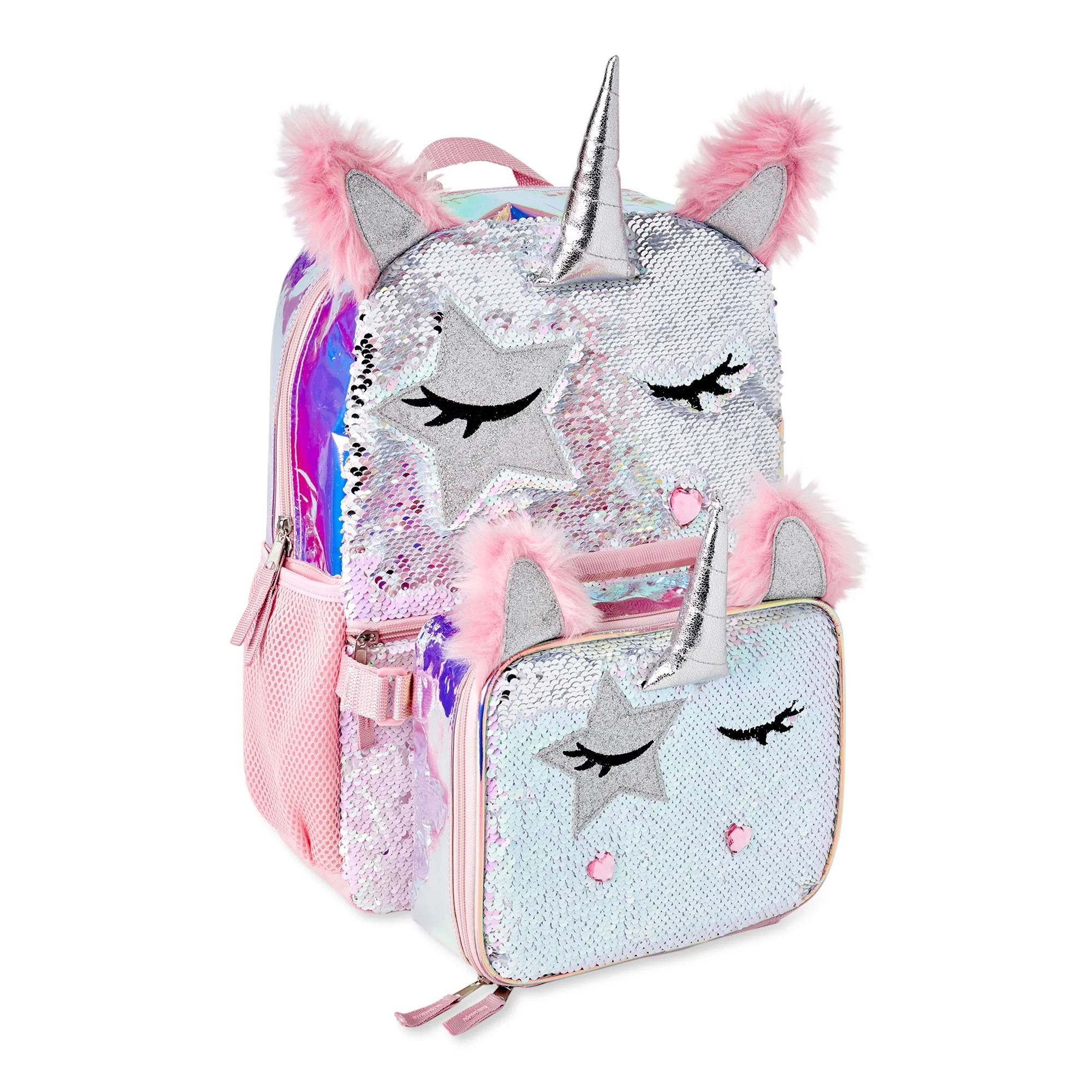 Wonder Nation Girls 17" Laptop Backpack with Lunch Bag 2-Piece Set, Pink Multi-Color Unicorn Quee... | Walmart (US)