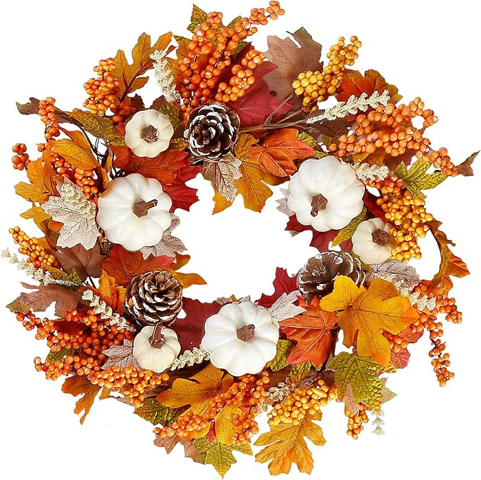 Sggvecsy Fall Wreath 20\u2019\u2019 Autumn Front Door Wreath Harvest Wreath with White Pumpkins B... | Amazon (US)