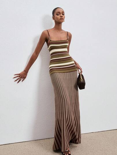 ATUI Studio Women's Striped Knit Camisole Dress With Beaded Shoulder Straps - Elegant Wool Blend ... | SHEIN