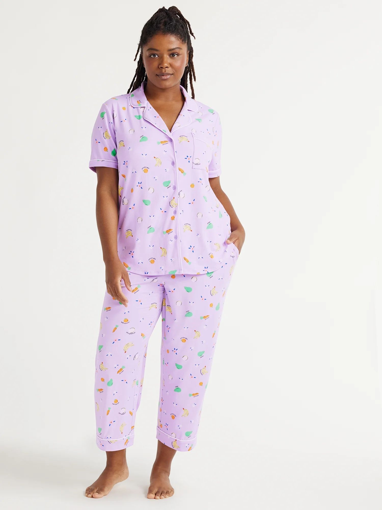 Joyspun Women's Knit Short Sleeve Notch Collar Top and Capri Pajama Set, 2-Piece, Sizes S to 3X | Walmart (US)