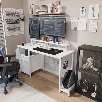 Office Desk with Power outlet,2 Monitor Stands,2 Drawers,Side Pocket | Wayfair North America