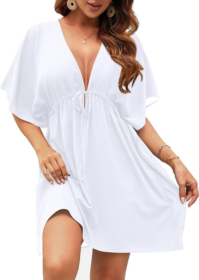 Pinup Fashion Swimsuit Cover Ups Women Casual Loose V Neck Bathing Suit Cover Up Sexy Beach Cover... | Amazon (US)