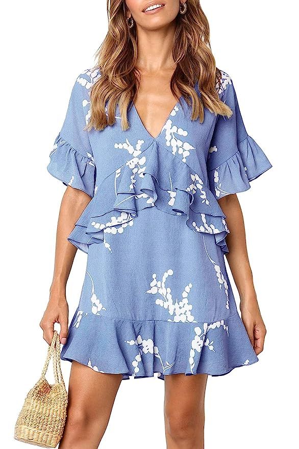 MITILLY Women's V Neck Ruffle Floral Print Loose Swing Casual T-Shirt Dress with Pockets | Amazon (US)