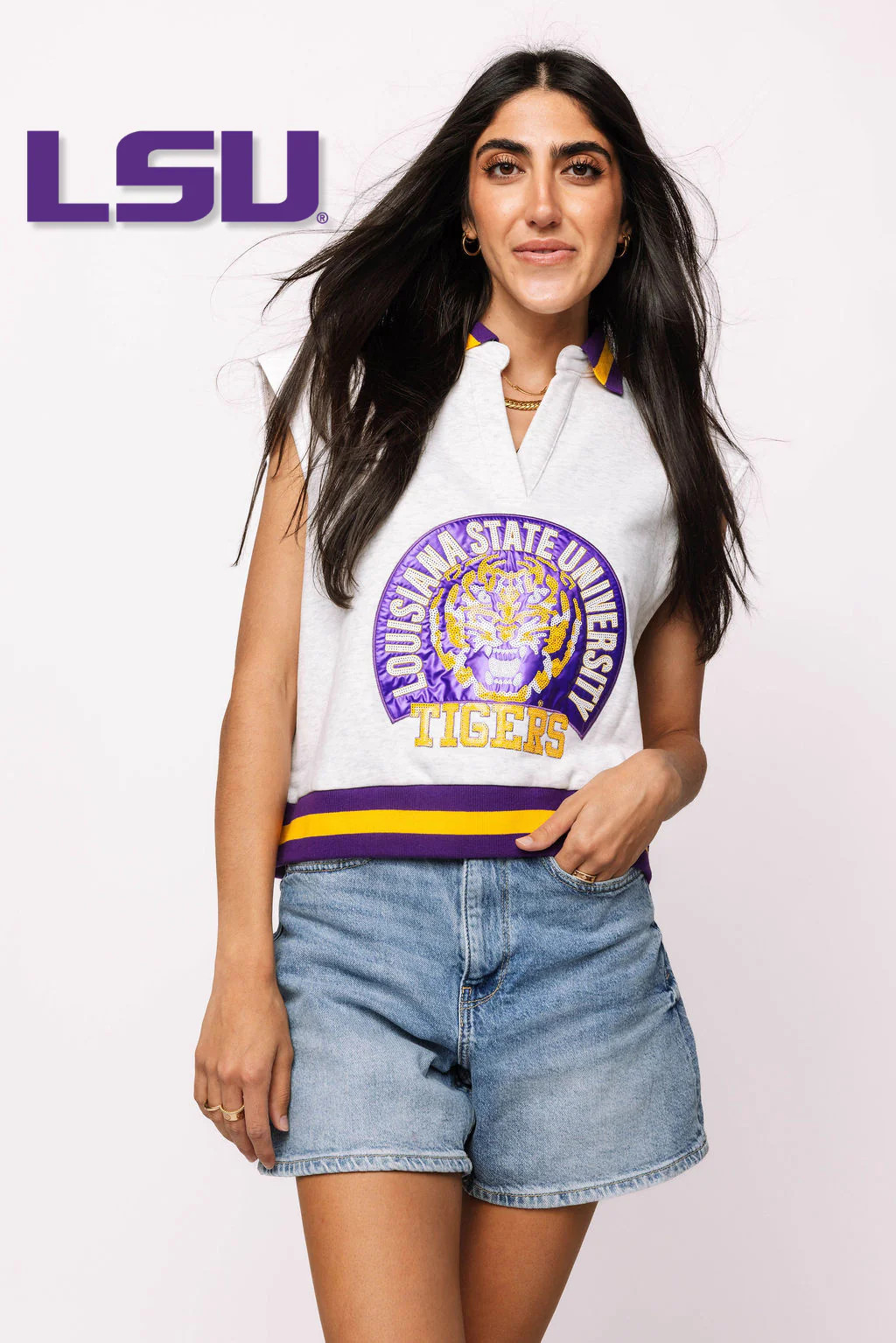 Licensed LSU Striped Collar Circular Mascot Tank | Queen of Sparkles