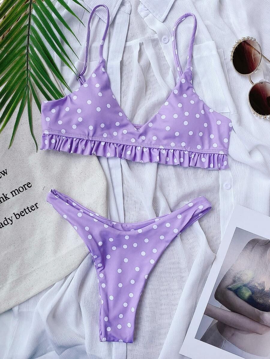 Bikini Badeanzug mit Punkten Muster, Rüschenbesatz und hohem Ausschnitt | SHEIN