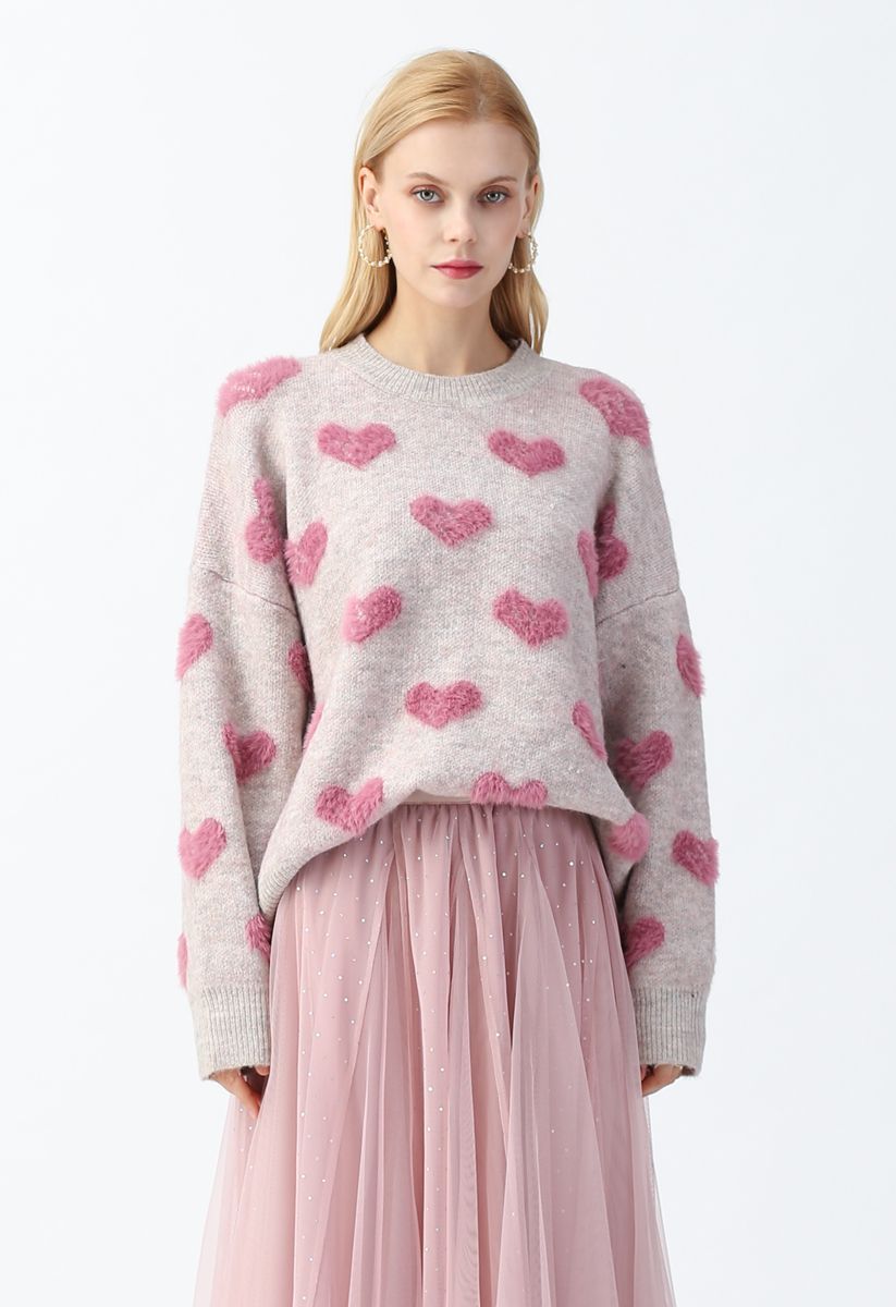 Contrast Color Fuzzy Hearts Knit Sweater | Chicwish